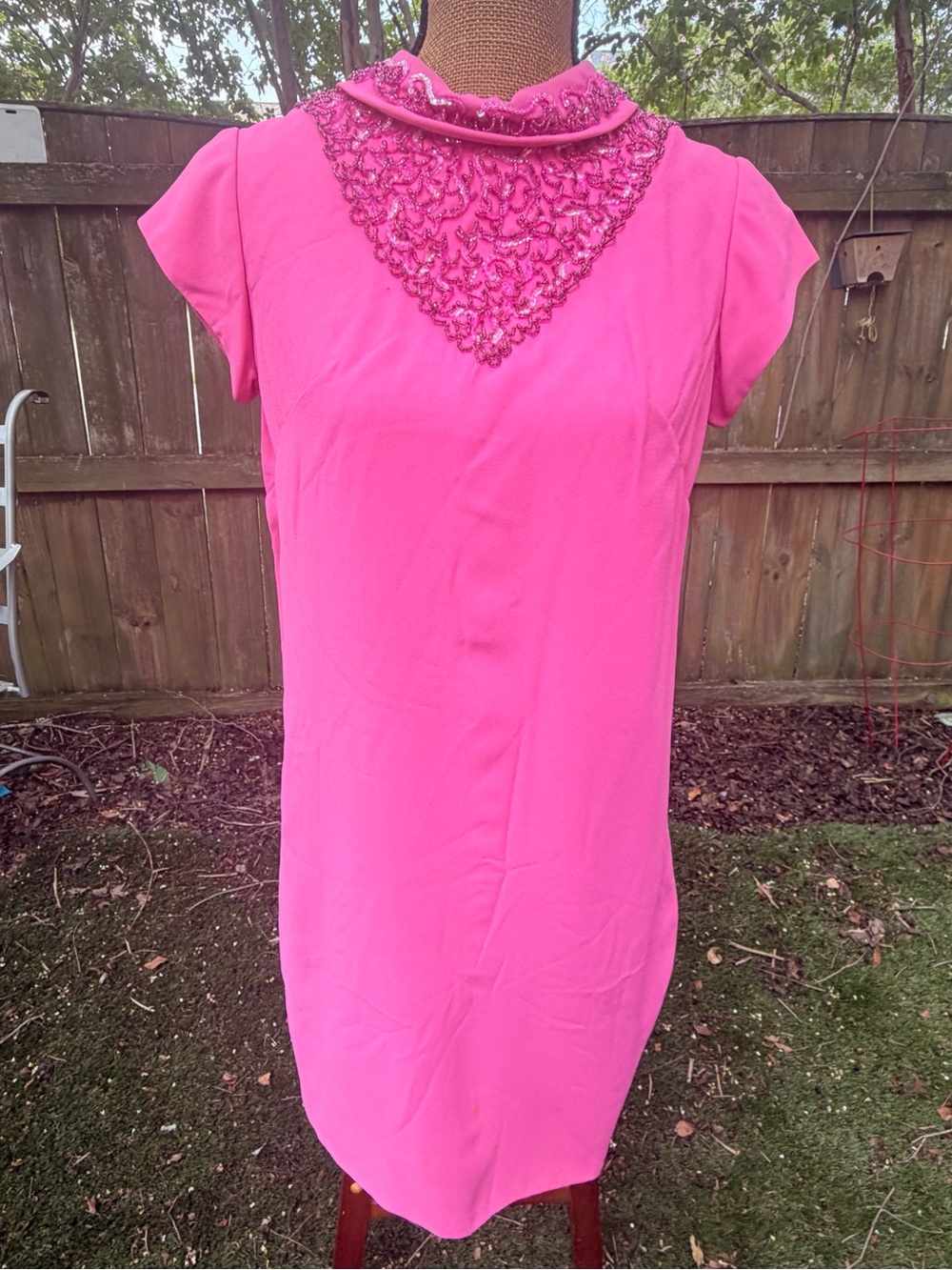 Vintage 1950s 60s Hot Pink Beaded Cocktail Dress